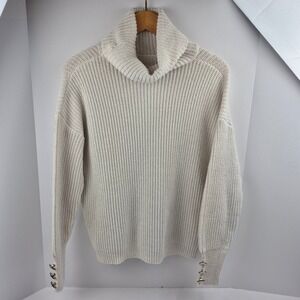 Cream Chunky Knit Turtleneck Sweater‎ Silver Button Cuff Women's XL Cozy Classic